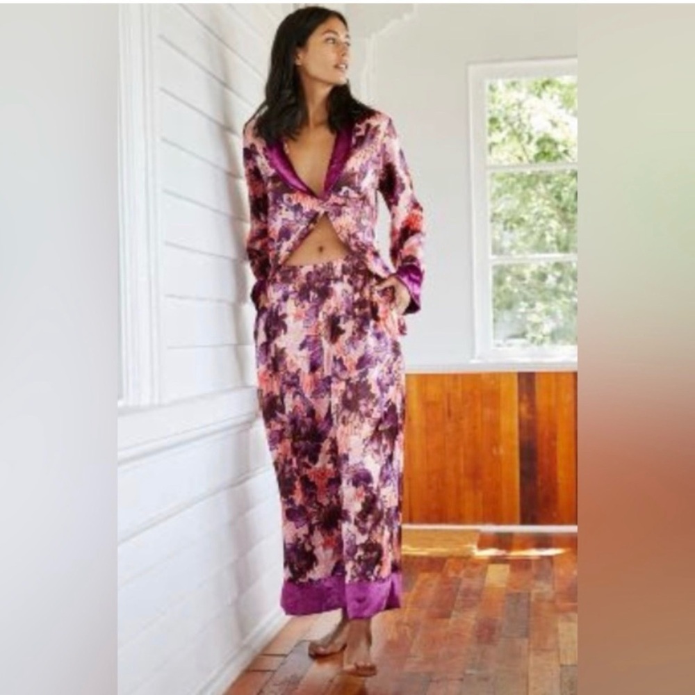 Anthropologie Velvet Satin Pajama Sleep Set Purple